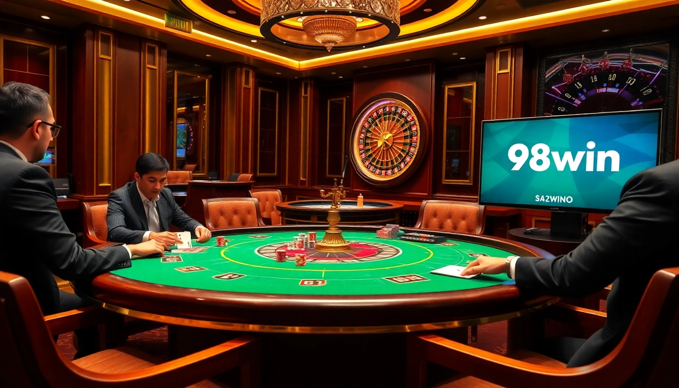Players engaging in a high-stakes game at a casino table featuring link 98win gaming excitement.