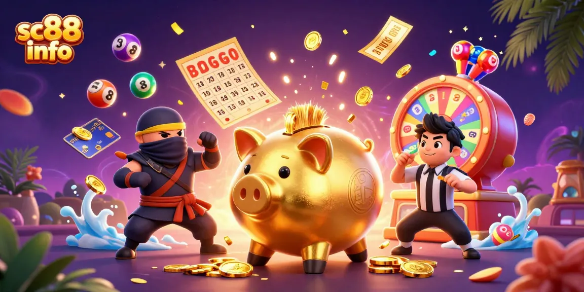 Engage with the dynamic scene showcasing sc88 info, featuring a golden piggy bank sumo wrestler amid vibrant gambling elements.