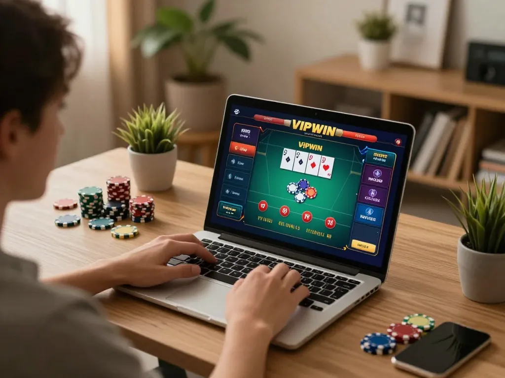 Engaging online poker gameplay on vipwin2 platform, showcasing chips and screen interface for immersive experience.