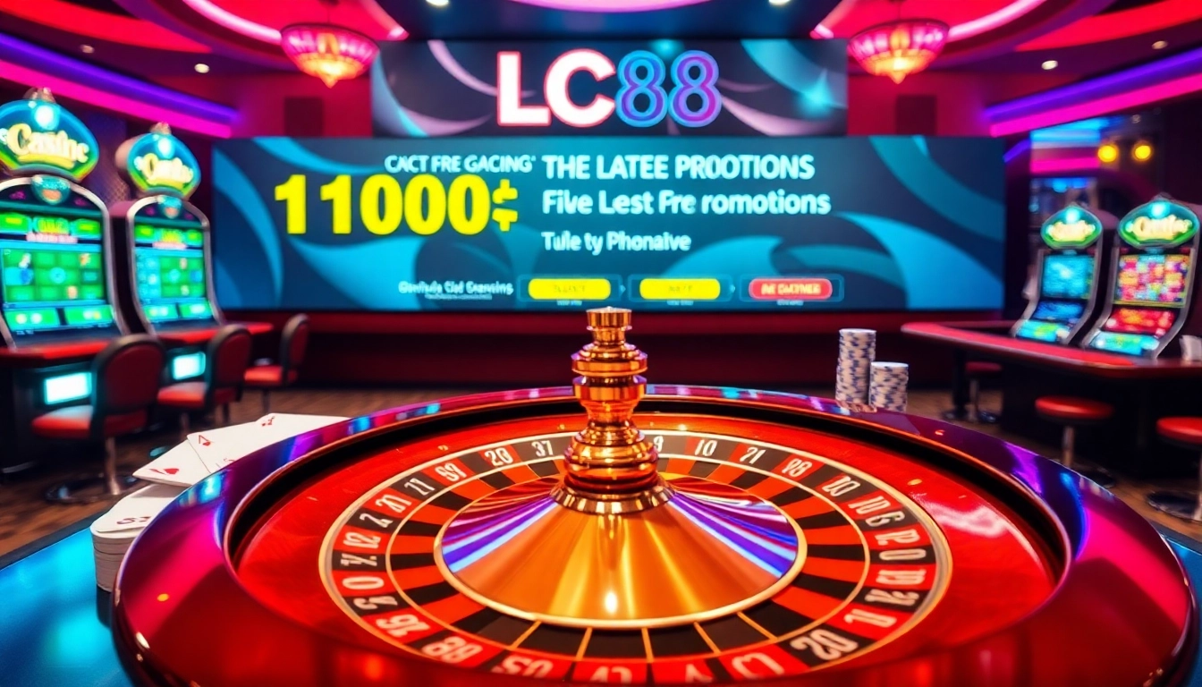 Engaging scene showcasing online casino excitement at https://lc88comm.com/, featuring roulette, cards, and promotions.
