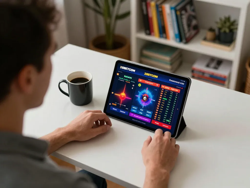 Engaging in online casino gameplay on the 28BETCOM app at home, showing a cozy gaming setup.