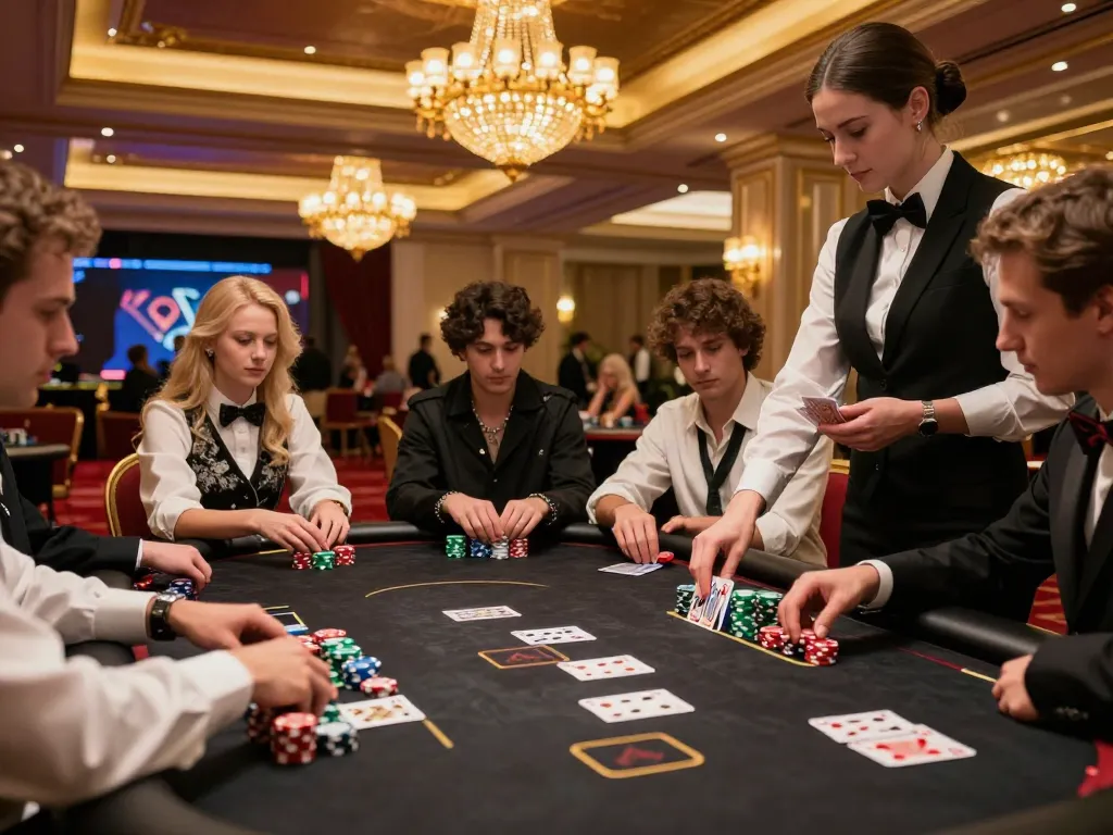 Players strategizing at a round poker table in a luxurious casino setting, showcasing JUN88 gaming dynamics.