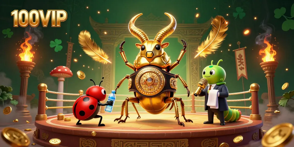 Experience thrilling bets at 100VIP with a golden stag beetle boxing champion in a vibrant casino scene.