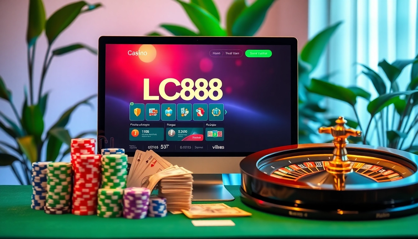 LC88 online casino interface showcasing poker chips and roulette in an elegant setting.