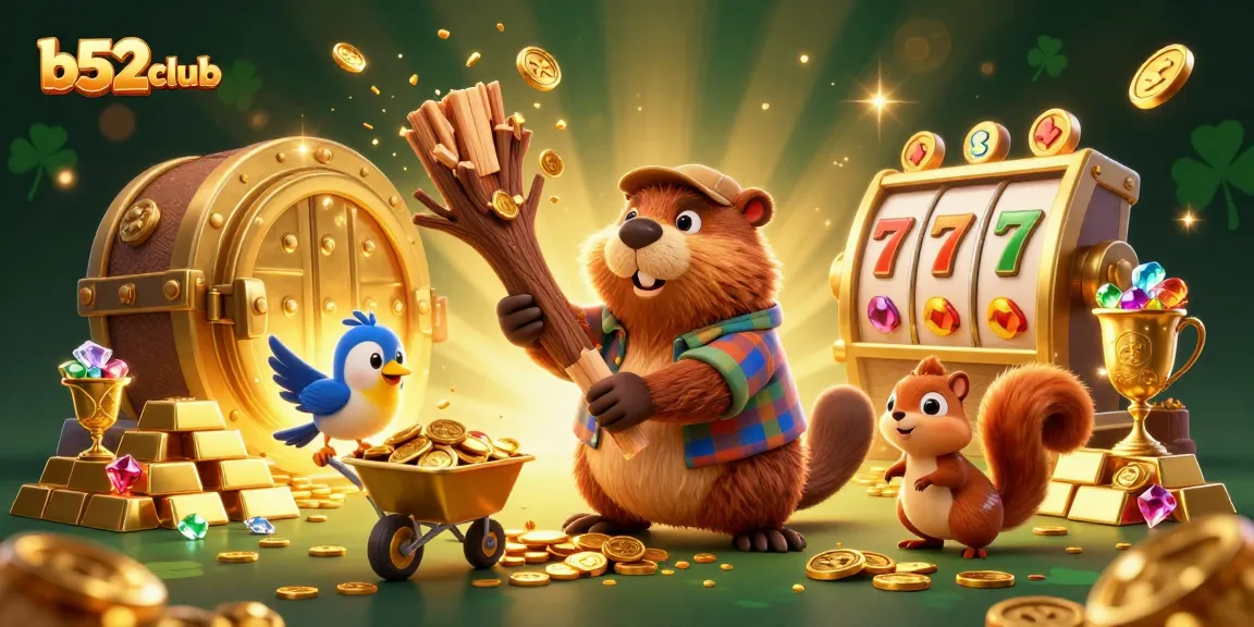 B52Club’s 3D cartoon scene captures a beaver, bird, and squirrel amidst a flurry of coins, slots, and treasure.