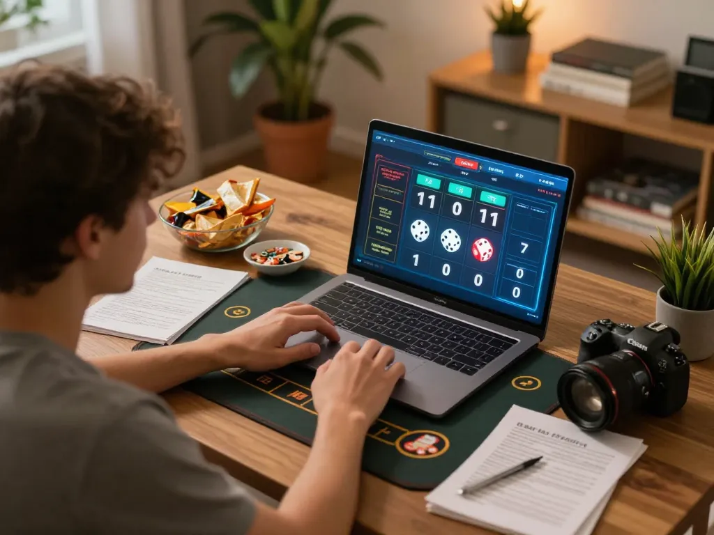 Player engaging in a tài xỉu game online, with strategic notes and a glowing screen capturing the excitement.