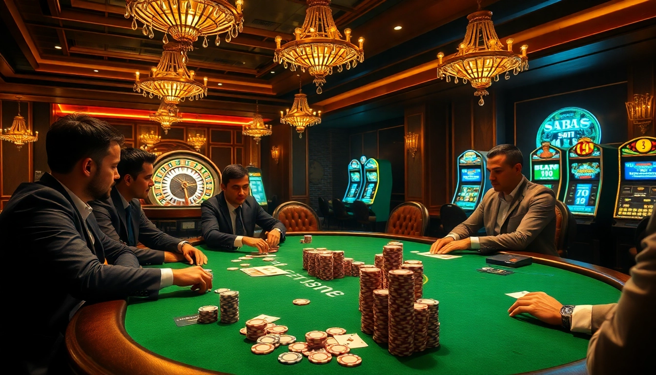 Players engage in high-stakes poker at thabet com, surrounded by vibrant casino elements.