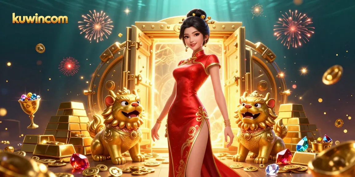 Kuwincom sparks excitement with a glamorous Asian woman in a casino, flanked by golden foo dog guardians.