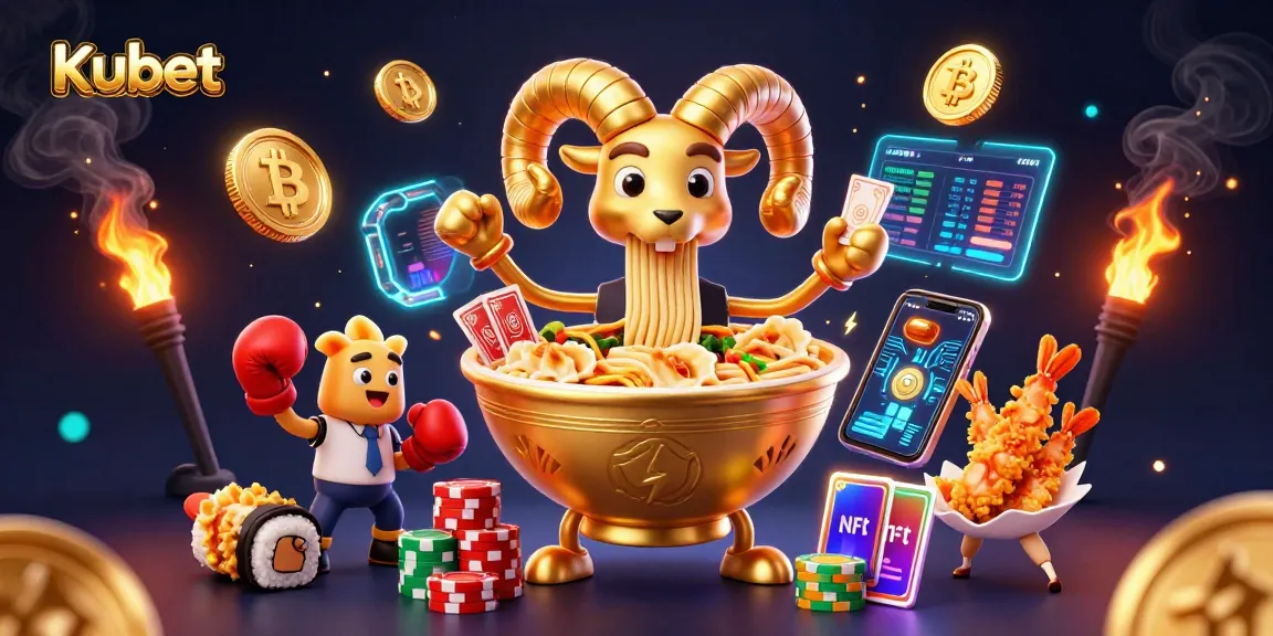 Kubet's vibrant scene showcases a golden ramen bowl dealer engaging players with cards and chips in a lively casino setting.