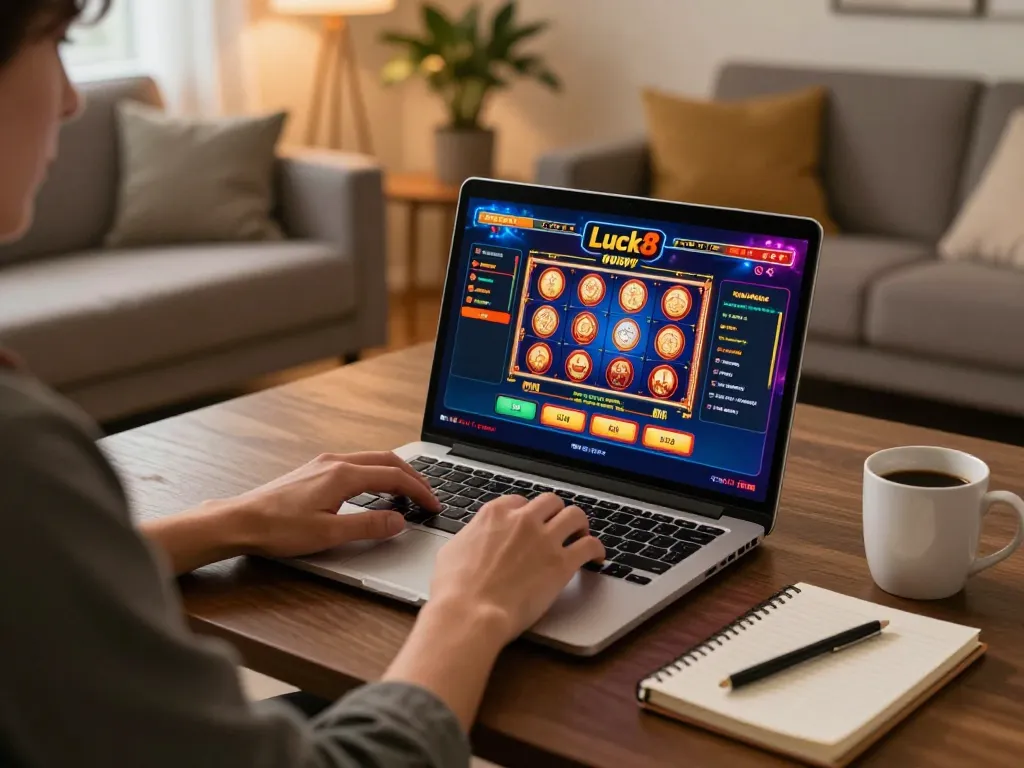 Luck8 online gaming setup with a person engaged in casino games at home, showcasing strategy and comfort.