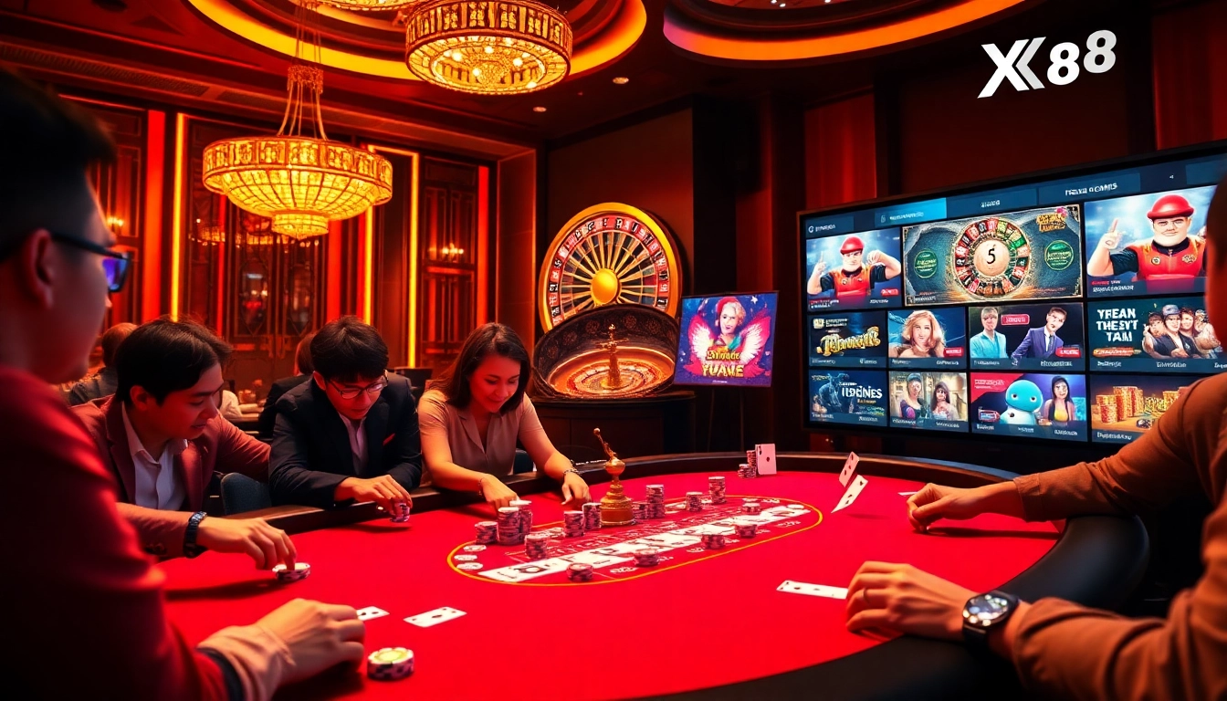 Experience the excitement at Nhà cái X88 with vibrant casino scenes featuring thrilling poker and roulette.