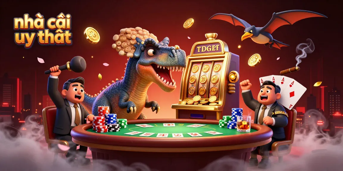 nhà cái uy tín scene depicting a dinosaur-themed casino with dynamic golden coins and vibrant elements