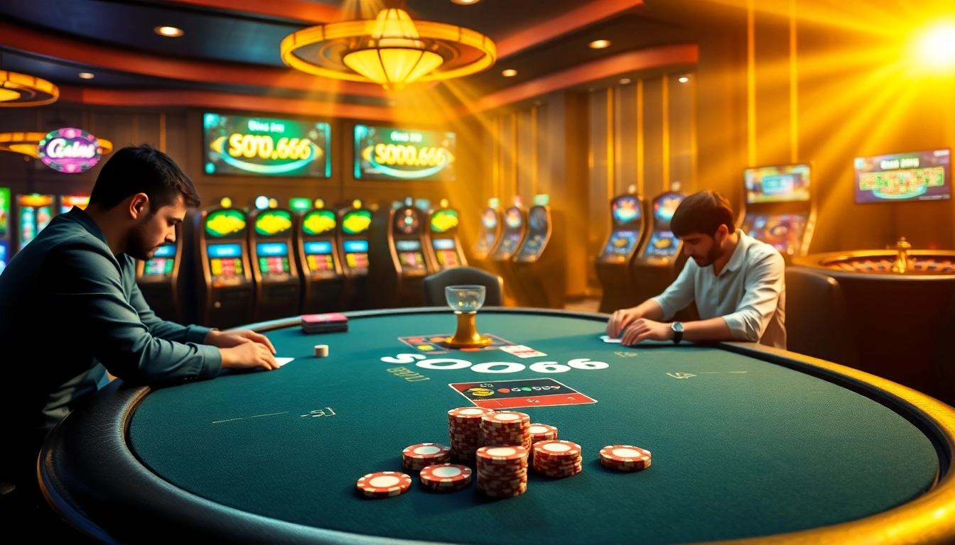 Experience the excitement of betting at SODO66 with a vibrant casino scene featuring poker tables and slot machines.
