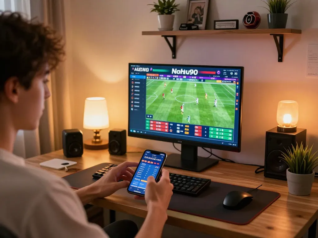 Nohu90 player placing strategic bets in vibrant online sports betting environment.