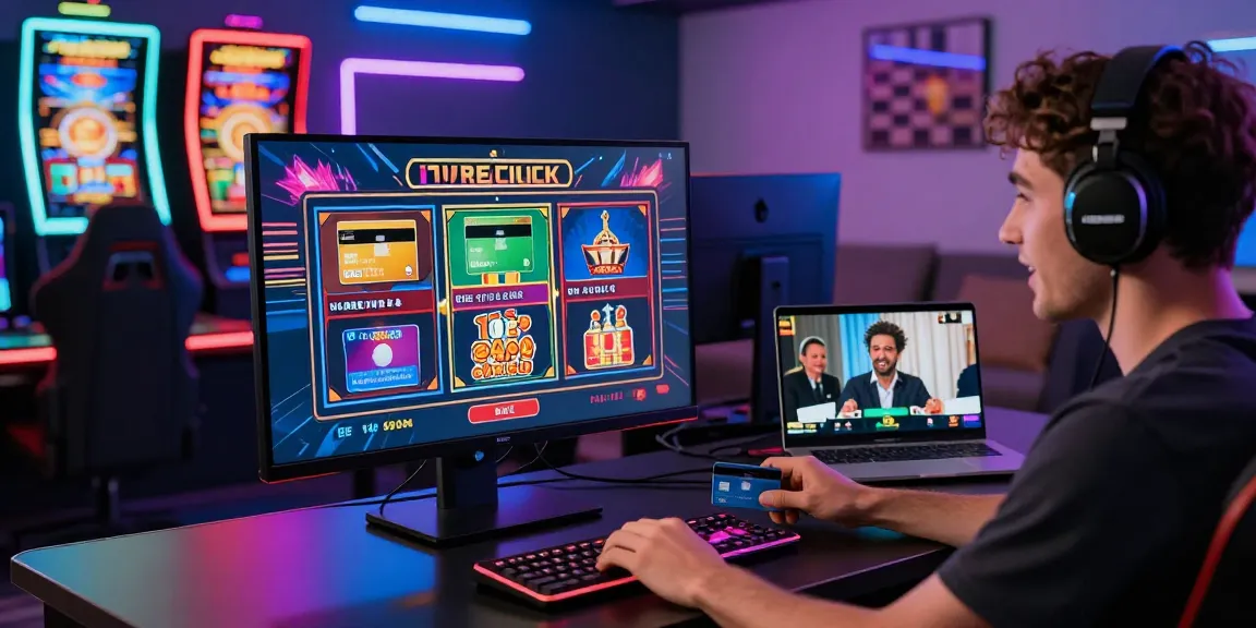 Engaging online casino gaming scene showing players betting with credit card, vibrant graphics of slots and games, modern home atmosphere.