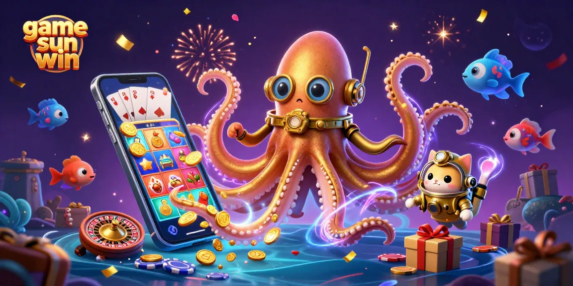Experience game sun win with a vibrant casino-themed illustration featuring kraken and diving cat.