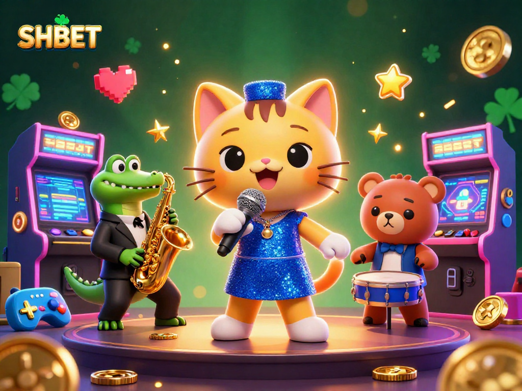 Win big with SHBET at an exciting casino stage surrounded by colorful, vibrant gaming elements.