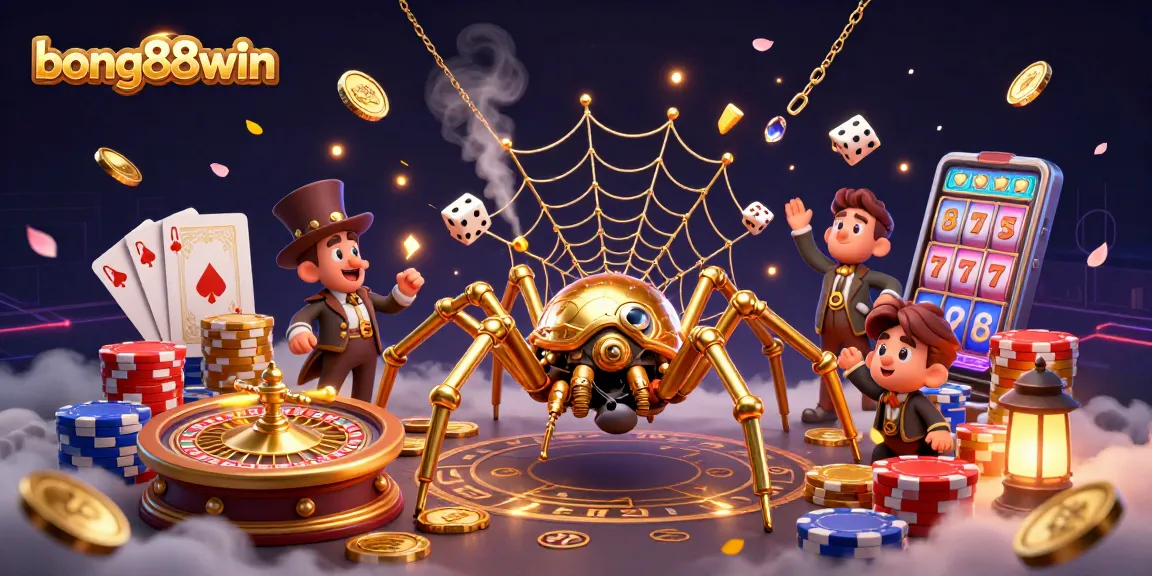 Engage with bong88win's vibrant casino experience featuring a steampunk spider web and classic gaming elements.