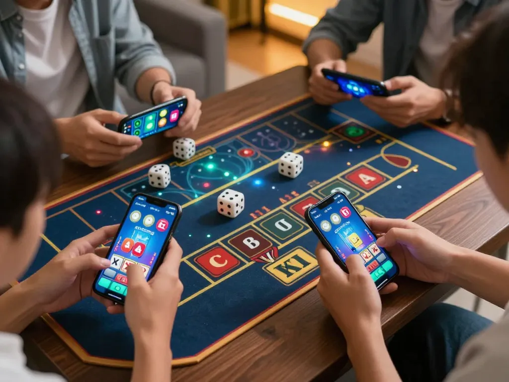 Xóc đĩa players engaging with mobile app, showcasing dynamic gameplay in intimate home setting.