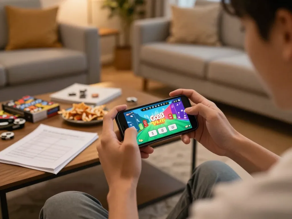 Player enjoying Go88 tài xỉu on mobile in a cozy living room
