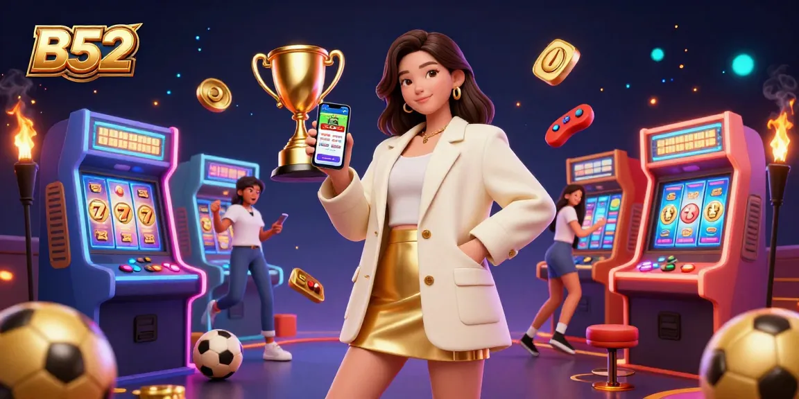 Engage with B52 sports betting excitement, showcasing a woman with a smartphone and vibrant casino elements.