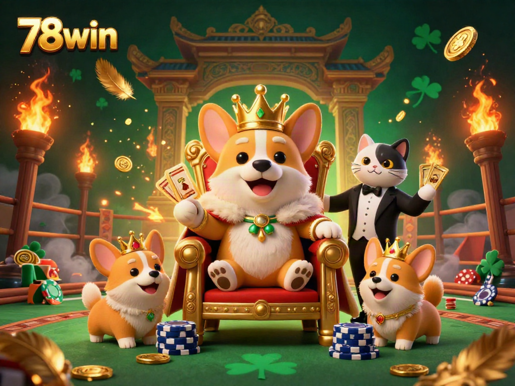 Join the fun with 78win's exclusive poker-themed 3D illustration, showcasing vibrant casino elements and royal corgis.