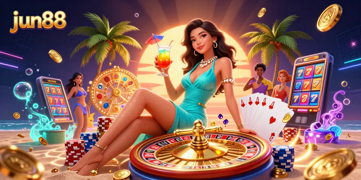 Experience the excitement of jun88 with a stunning illustration of casino fun, showcasing vibrant characters and engaging game elements.