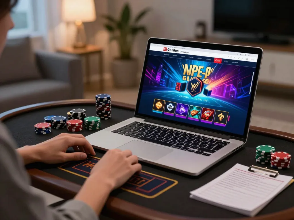 Engaged user playing at an online casino bl555r on a laptop with vibrant graphics and strategic notes