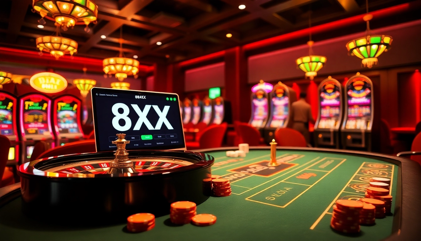 The interactive online gambling experience at nhà cái 8XX with luxurious poker tables, spinning roulette wheels, and vibrant slot machines.