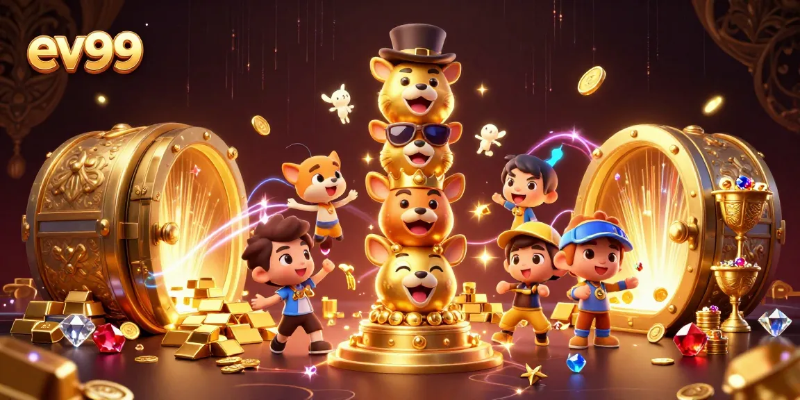 ev99 showcases a vibrant 3D cartoon casino scene with a golden totem pole and treasure bursts.