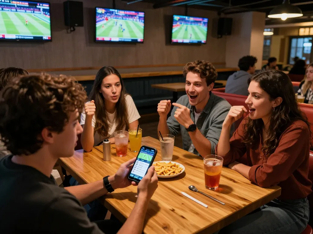 Excited players using uk88 sports betting app during live game at a trendy sports bar.