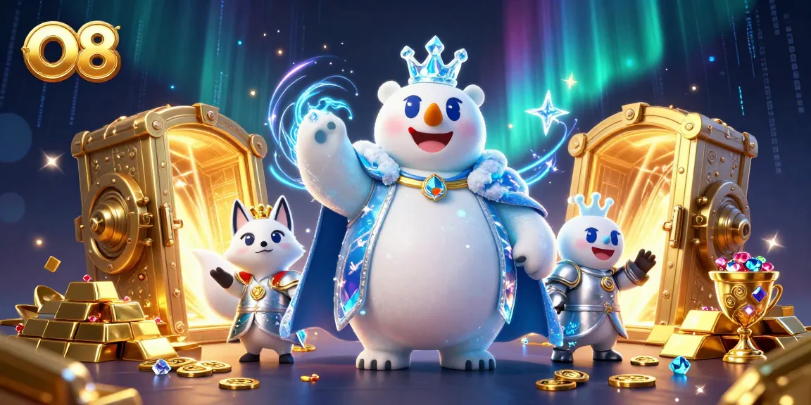 Engage with O8's thrilling gaming, featuring a regal polar bear and valiant fox amidst an opulent treasure trove.