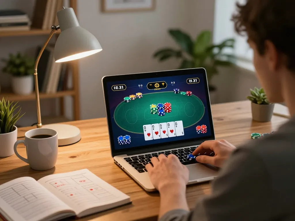 Player enjoying online poker on xx88 gaming platform, surrounded by strategy notes and warm lighting.
