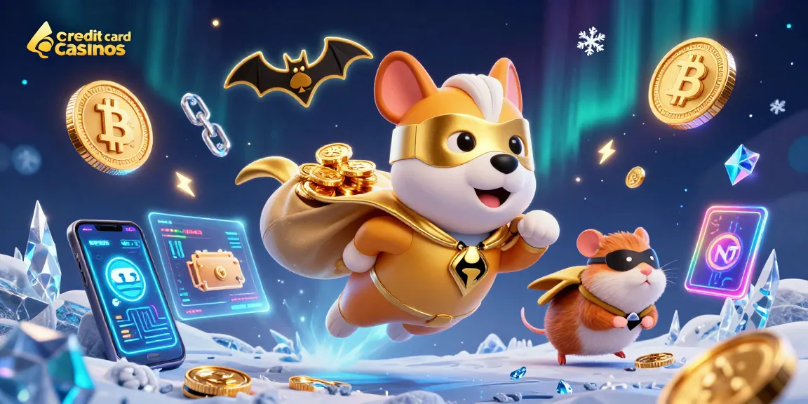 Engage with credit card casinos through an illustrative scene featuring a superhero dog and gold coins.