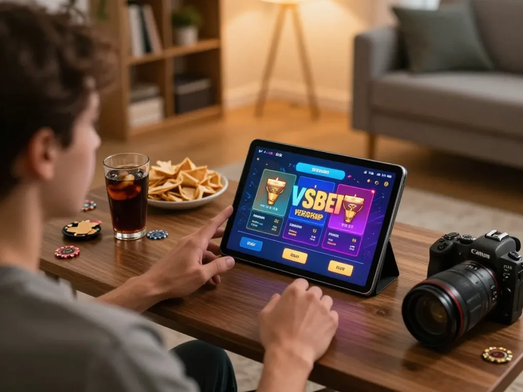 Engaged player exploring the Vsbet app on a tablet, enjoying a vibrant home gaming atmosphere with snacks and drinks.