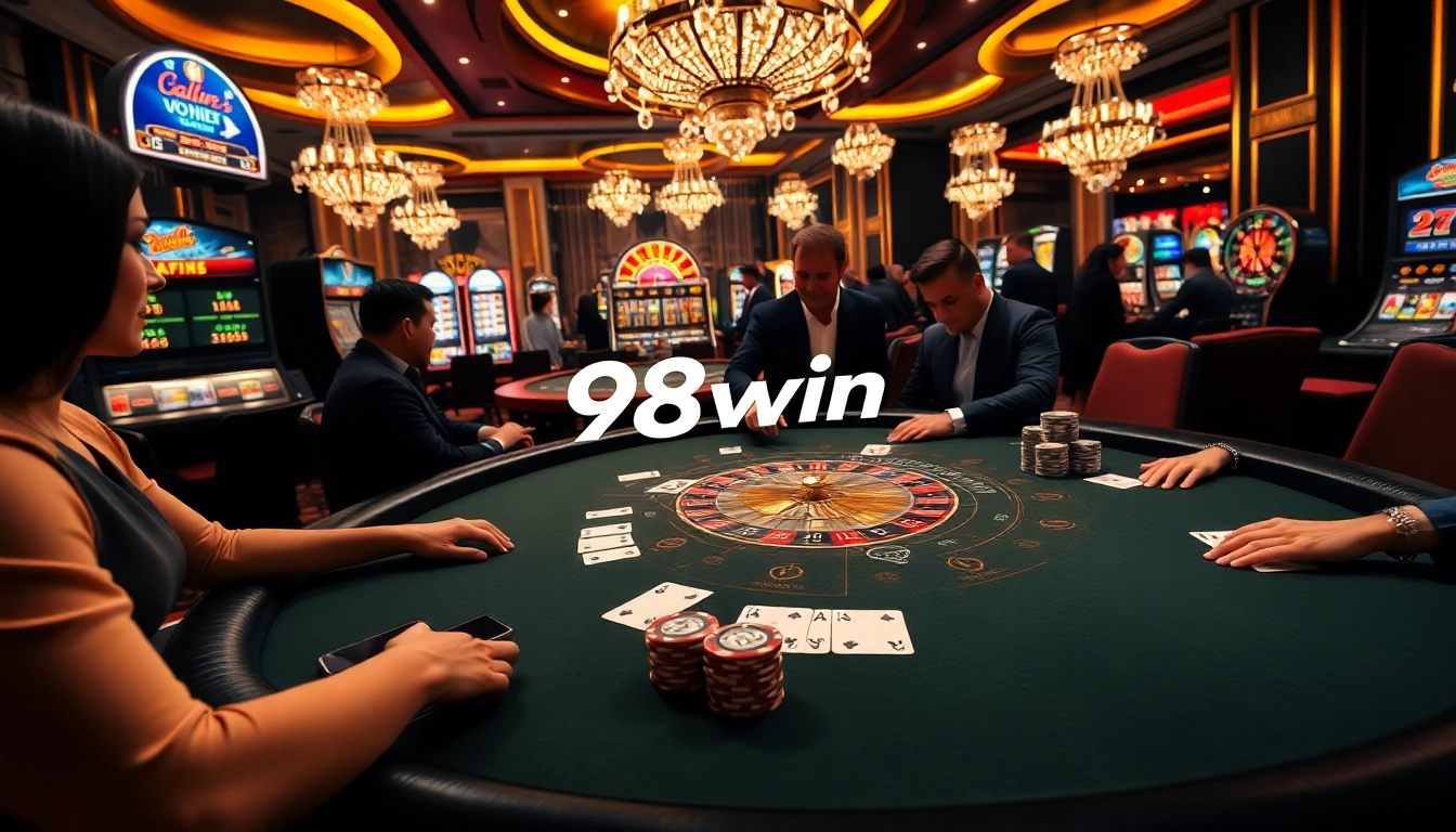 Engaging blackjack players at a high-stakes table featuring 98win vin branding for an exhilarating casino experience.