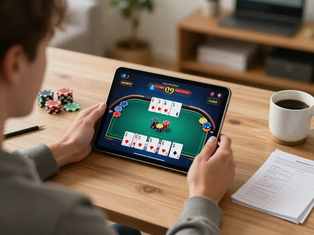 Player enjoying poker on king88, showcasing active gameplay on tablet with strategic notes