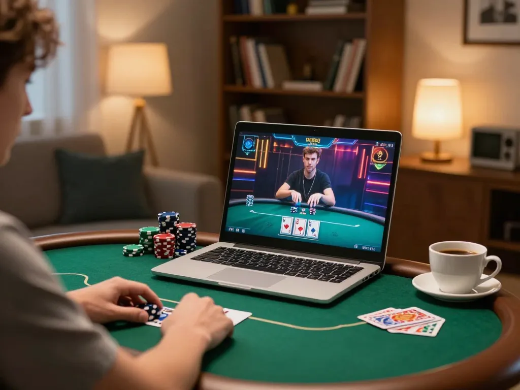 Engaging in an online poker match on F8bet platform while enjoying a cozy home setup.
