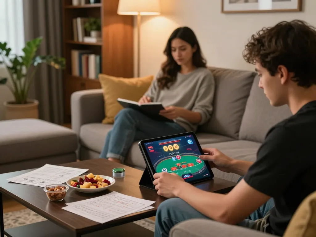 Player enjoying lv88 online poker from a cozy home setup with snacks and strategy notes