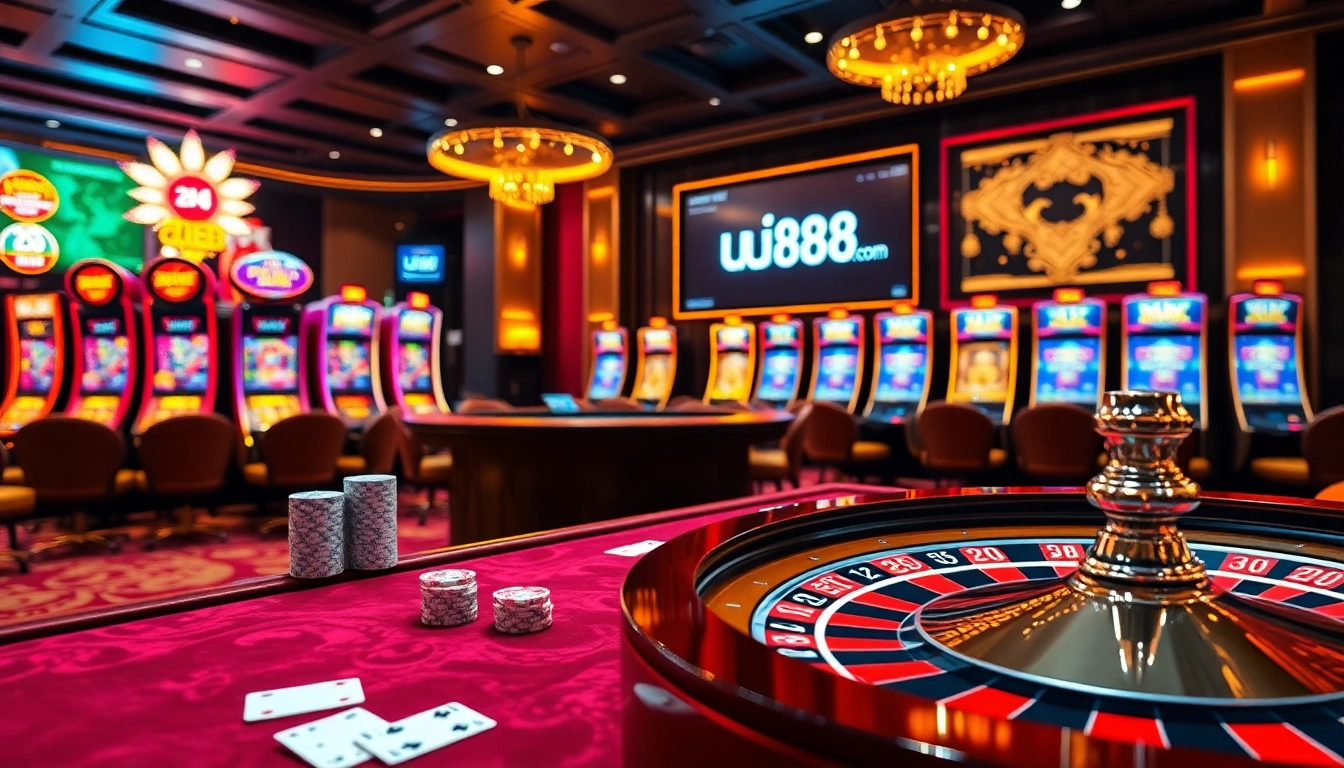 Play and win at uu88 com, featuring a vibrant casino scene with poker chips and roulette wheels.