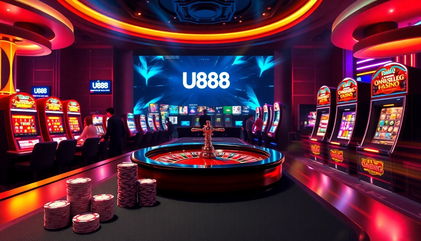 Experience the thrill of U888 gambling with a vibrant casino scene showcasing dice and poker chips.
