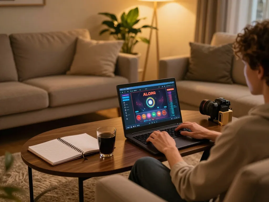 Player engaging in ALO8 PRO online casino gaming from their cozy home, showcasing laptop and betting strategy.