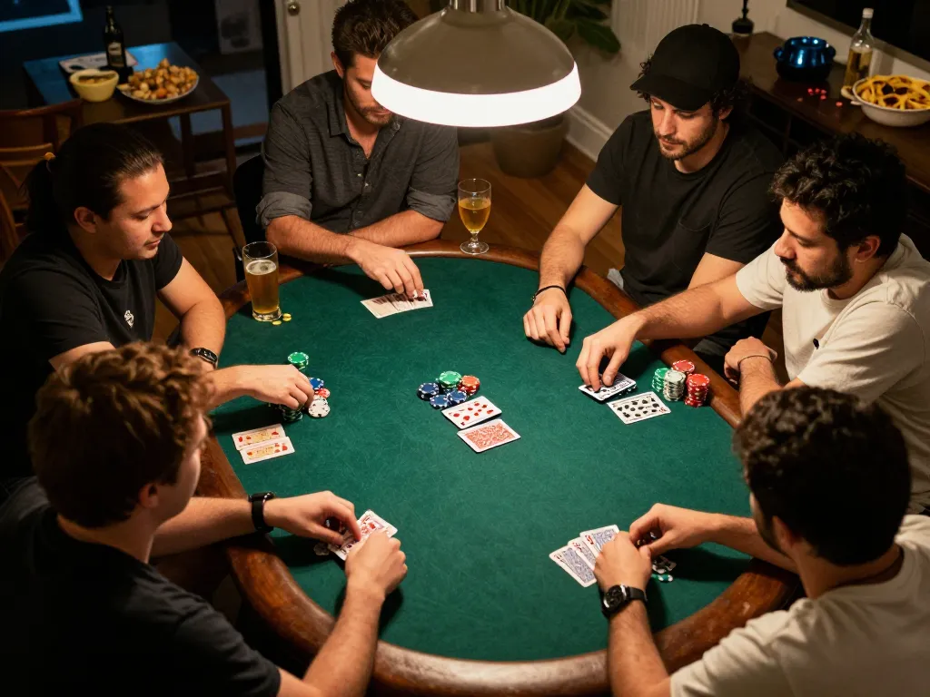 Players engaging in a friendly poker game at home, highlighting TR88's strategic gaming environment and social atmosphere.