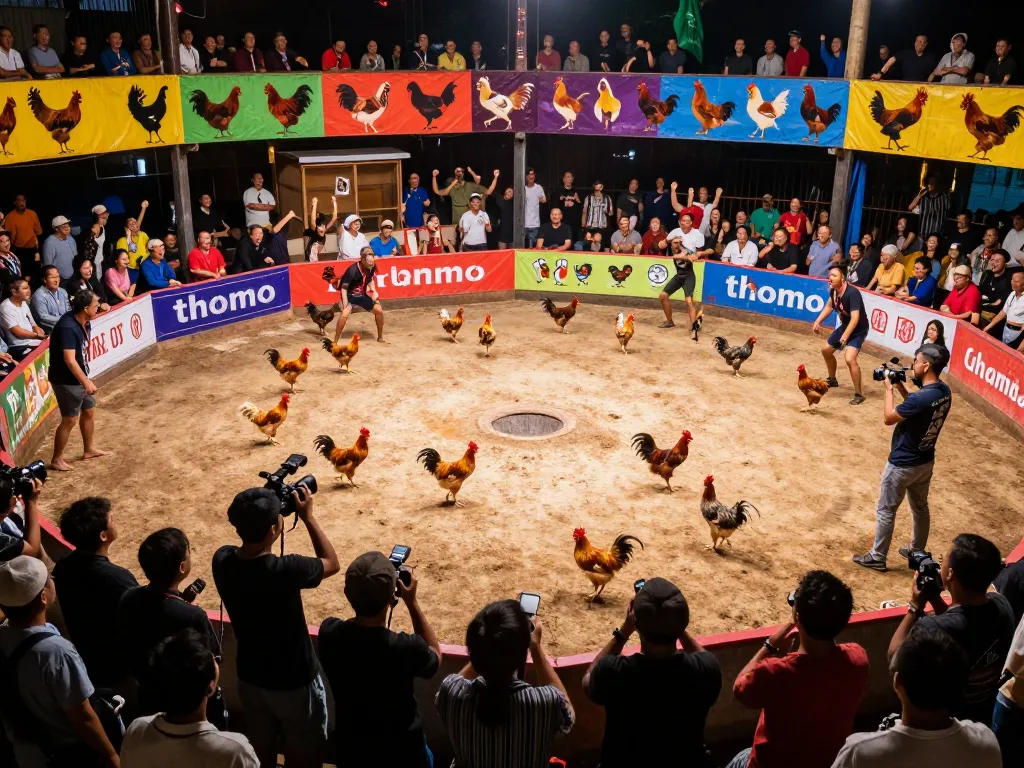 Engaging scene of Đá gà thomo live event with active crowd cheering and competitive atmosphere