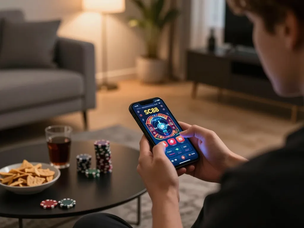 Engaging with SC88 casino app during a relaxed evening at home for responsible gaming