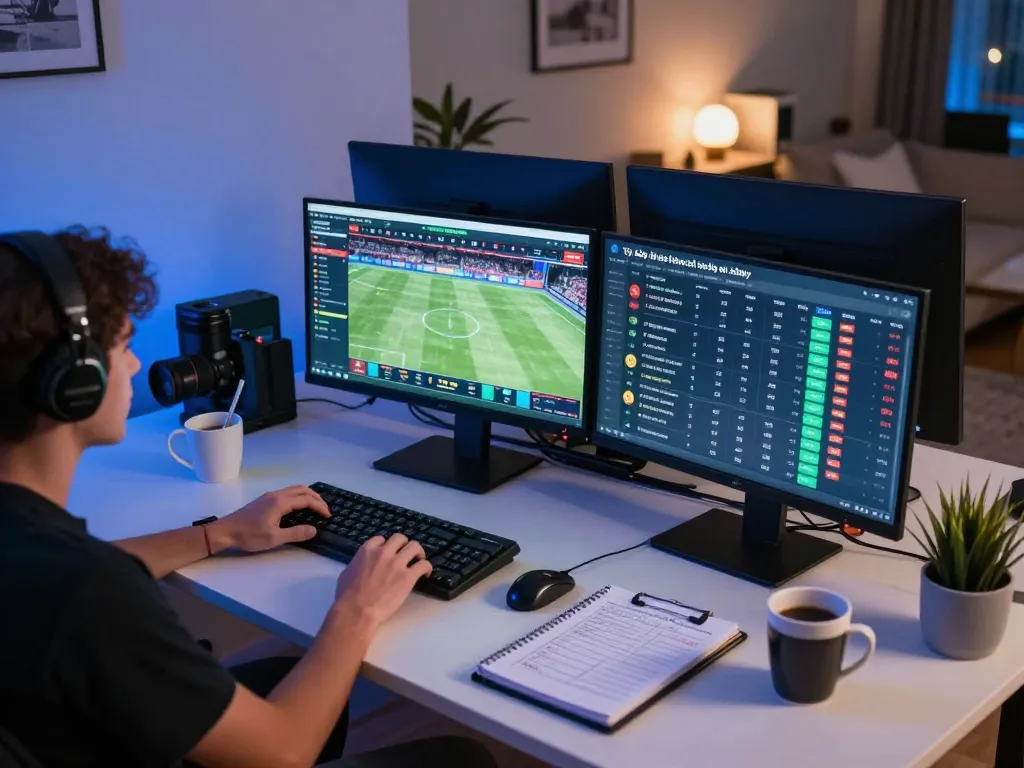 Tỷ lệ kèo nhà cái hôm nay shown on multiple screens in dynamic online sports betting setup.