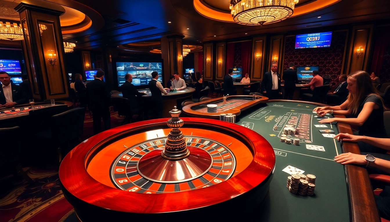 Experience the excitement of QQ88z Net as players engage in high-stakes casino games amid a luxurious setting.