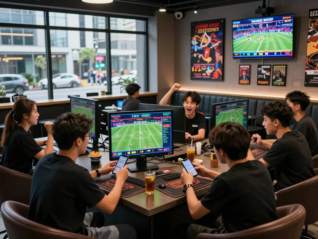 Exciting gambling scene with diverse group using rikbet for online sports betting in a trendy lounge.