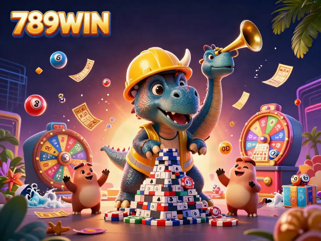 Experience the vibrant gaming world of 789WIN through a dynamic 3D illustration featuring colorful casino elements.