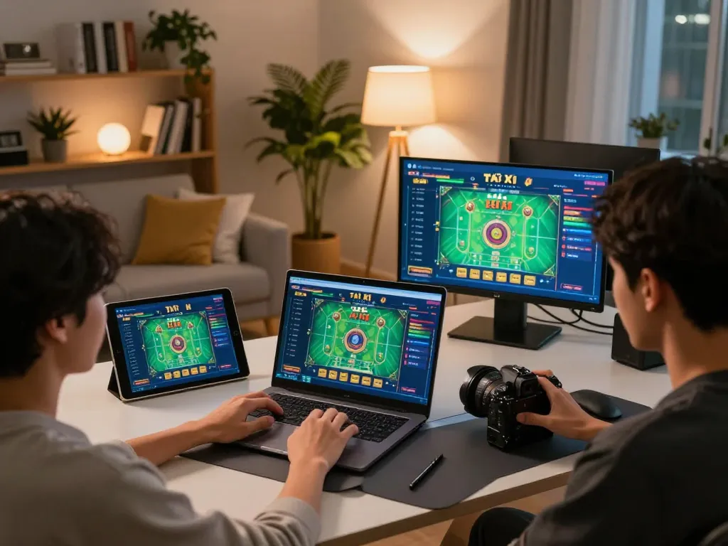 Player engaged in online Tài Xỉu at home, showcasing taixiuonline8 gaming interface, warm atmosphere and strategic gameplay.